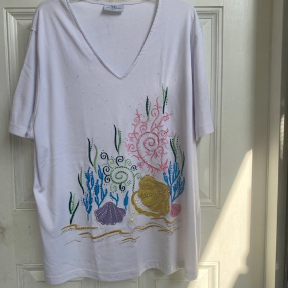 Princess Cruises Top White Embossed Sealife Design Clams Seaweed & Coral XXXL
